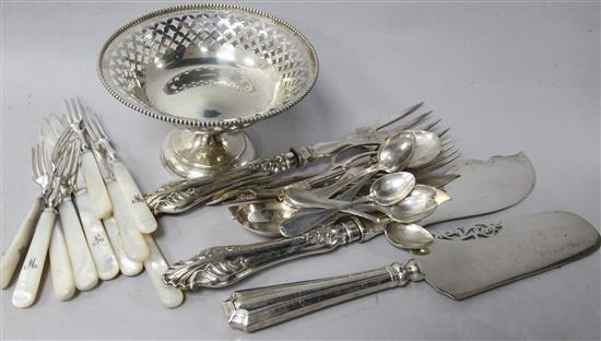 A sterling silver bon bon dish, eight sterling coffee spoons and assorted plated cutlery.